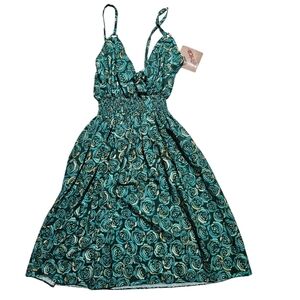 NWT Boho Halter Floral Green Summer Dress Spaguetti Straps S
